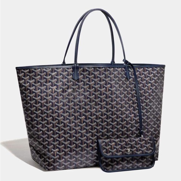 Goyard Handbags - Goyard Navy Blue Goyardine Coated Canvas and Leather Saint Louis PM tote